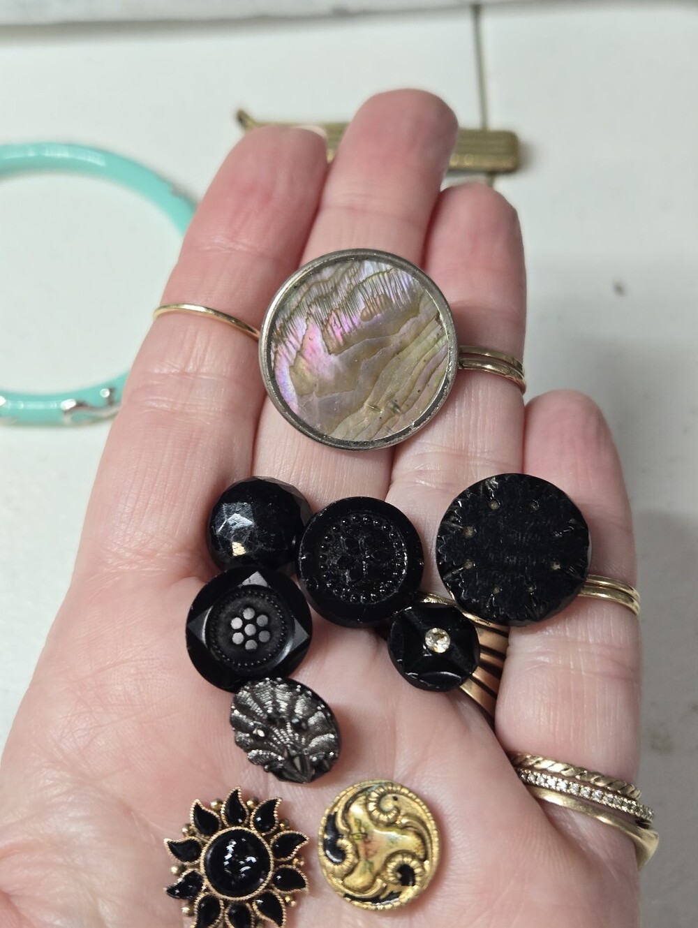 Victorian Glass Black Button and Abalone Accent Jewelry Set - Unbranded